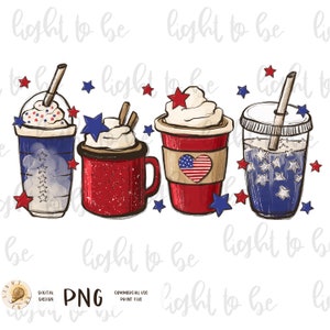 4th of July Coffee Independence PNG, USA coffee latte patriotic digital, Sublimation design hand drawn Printable Graphic Clipart Tshirt