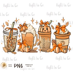 May include: Three illustrated fall-themed coffee drinks with whipped cream, pumpkin spice, and fall leaves. The drinks are in to-go cups with lids and straws. Each cup has a pumpkin on top with a bow.