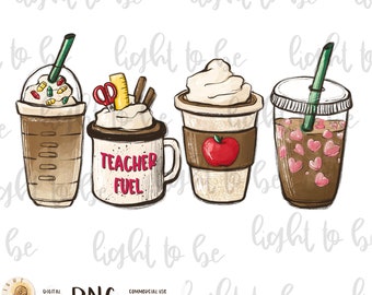 Teacher fuel Coffee PNG, teacher gift mug latte Iced coffee digital school Sublimation design hand drawn Printable Graphic Clipart Tshirt