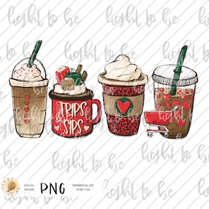 Trips & sips shopping coffee PNG, shopaholic iced latte Black Friday Christmas cozy Sublimation design hand drawn Printable file Tshirt
