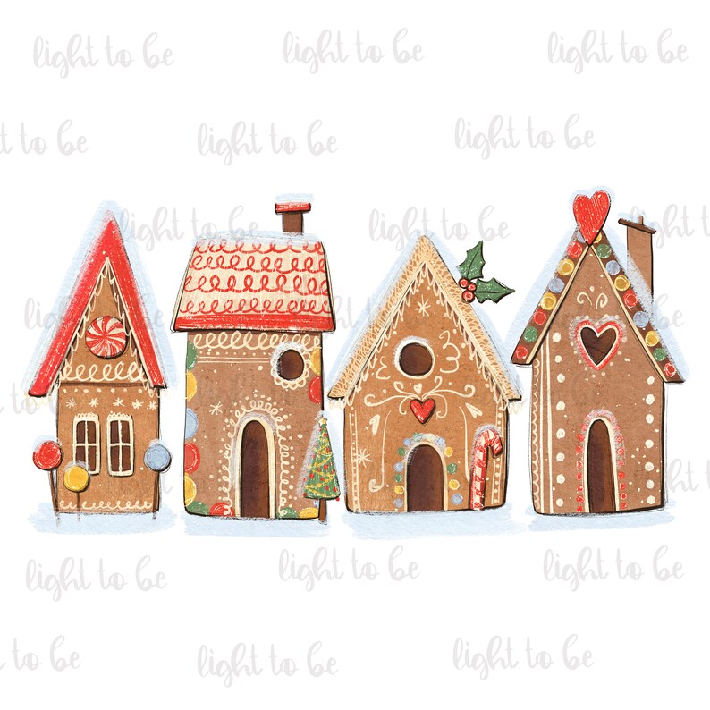 May include: Five gingerbread houses decorated with candy canes, hearts, and holly. The houses are brown with white frosting and red roofs. The houses are sitting on a white snowy background.