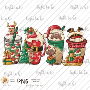 May include: Four Christmas-themed coffee cups with Santa Claus, reindeer, and snowman designs. The cups are decorated with glitter, snowflakes, and red and green colors.