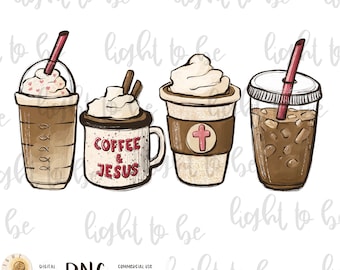 May include: Three illustrated coffee cups with different toppings and designs. The first cup is a brown iced coffee with whipped cream and sprinkles. The second cup is a brown coffee mug with whipped cream and the text "Coffee & Jesus". The third cup is a brown iced coffee with a cross on the side.