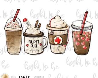 Nurse coffee lover PNG, latte iced coffee hospital digital download, Sublimation design hand drawn Printable Graphic Clipart Tshirt