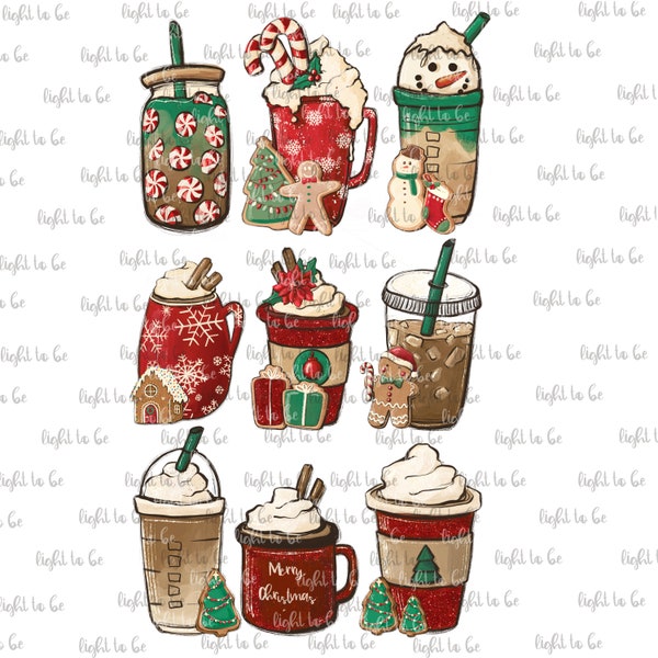 9 Christmas coffee with cookies PNG, snowmen red peppermint iced latte sweets winter Sublimation design hand drawn Printable file Tshirt