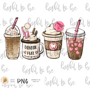 Dental fuel coffee Pink lover PNG, blue latte iced coffee dentist digital download Sublimation design hand drawn Printable Graphic Tshirt