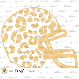 Könnte beinhalten: Ein goldener Footballhelm mit Leopardenmuster. Der Helm ist schwarz umrandet und hat einen weißen Hintergrund.