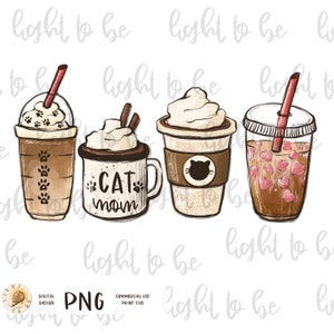 CAT mom coffee lover PNG, latte iced coffee star cute funny kitty mom, digital Sublimation design drawn Printable Graphic Clipart Tshirt