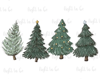 Christmas trees PNG, lights star snow mint cozy winter digital download, Sublimation design hand drawn Printable file Graphic Clipart Tshirt
