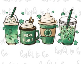 St. Patrick's coffee PNG, Lucky latte lover iced cute funny digital download, Sublimation design hand drawn Printable Graphic Clipart Tshirt