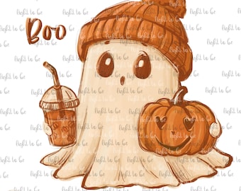 Boo PNG, cute scary fall halloween ghost iced coffee, spooky season pumpkin spice autumn kawaii Sublimation design hand drawn T-shirt