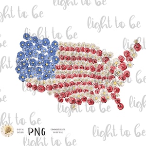 Amerika Floral USA Karte PNG, 4th Of Juli Patriotic Rot Weiß und Blau Unabhängigkeit digitale Sublimation Design handgezeichnete druckbare Grafik