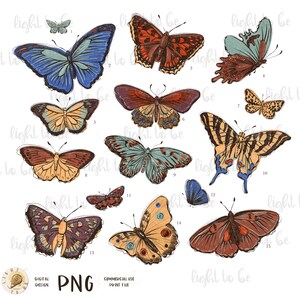 May include: A digital PNG file showcasing fifteen butterfly illustrations in various colours. The butterflies display diverse patterns and shades, including blue, orange, brown, and yellow. The image includes the text "DIGITAL DESIGN" and "COMMERCIAL USE PRINT FILE."