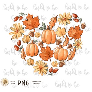 May include: A heart-shaped arrangement of fall-themed elements, including pumpkins, leaves, acorns, and flowers. The pumpkins are orange and yellow, the leaves are orange and yellow, the acorns are brown, and the flowers are yellow.