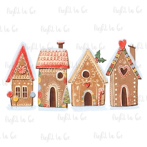 May include: Five gingerbread houses decorated with candy canes, hearts, and other festive details. The houses are covered in white frosting and snow.
