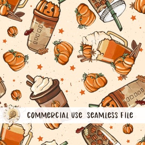 Fall coffee seamless pattern JPG, PNG,  pumpkin spice latte iced autumn digital file Sublimation design hand drawn Printable