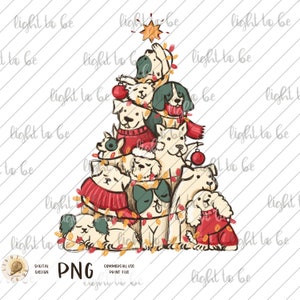 May include: A Christmas tree made of dogs wearing red and green sweaters and hats. The dogs are decorated with lights and ornaments.