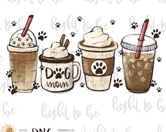 Dog mom coffee lover PNG, latte iced coffee dog mom pet animals paws digital Sublimation design drawn Printable Graphic Clipart Tshirt