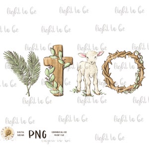 K&ouml;nnte beinhalten: Eine digitale Illustration eines Kreuzes, eines Lammes, eines Palmzweigs und einer Dornenkrone. Das Kreuz ist braun mit gr&uuml;nen Bl&auml;ttern darum herum. Das Lamm ist wei&szlig; mit einem hellblauen Auge. Der Palmzweig ist gr&uuml;n. Die Dornenkrone ist braun mit roten Beeren. Das Bild ist auf wei&szlig;em Hintergrund.