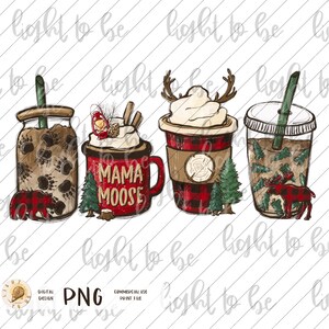 Mama moose PNG, Lumberjack coffee red and black iced latte bear wood cozy winter women Sublimation design hand drawn Printable file Tshirt