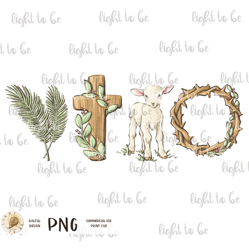 K&ouml;nnte beinhalten: Eine digitale Illustration eines Kreuzes, eines Lammes, eines Palmzweigs und einer Dornenkrone. Das Kreuz ist braun mit gr&uuml;nen Bl&auml;ttern darum herum. Das Lamm ist wei&szlig; mit einem hellblauen Auge. Der Palmzweig ist gr&uuml;n. Die Dornenkrone ist braun mit roten Beeren. Das Bild ist auf wei&szlig;em Hintergrund.