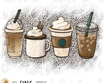 Coffee latte PNG, Iced coffee cheetah leopard drink cozy glitter digital, Sublimation design hand drawn Printable Graphic Clipart Tshirt