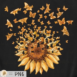 Sunflower butterfly PNG Watercolor summer flower Sublimation Design, hand drawn Digital Clipart, Transfer Shirt, Printable, Print Download