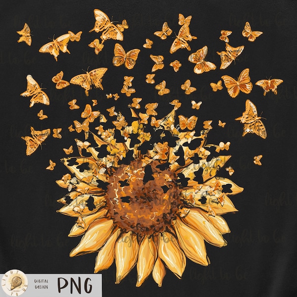 Sunflower butterfly PNG Watercolor summer flower Sublimation Design, hand drawn Digital Clipart, Transfer Shirt, Printable, Print Download