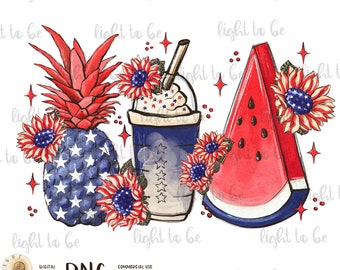 4 de julho PNG, América EUA Girassol abacaxi melancia café Patriótico Vermelho Branco Azul Design de sublimação digital desenhado à mão para impressão
