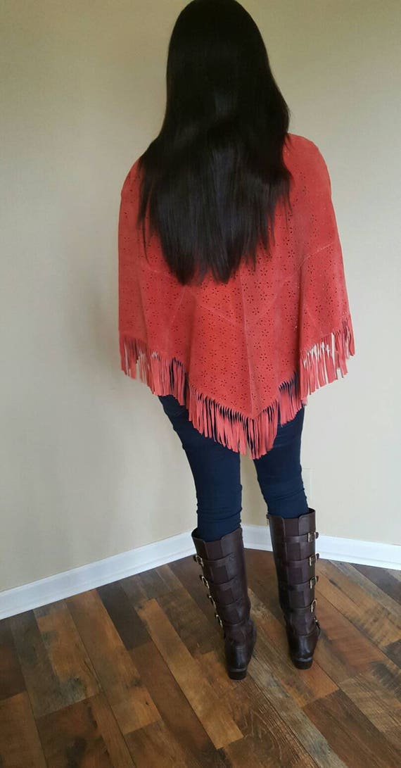 Vintage Fringed Suede Cape Poncho Western Cape Wo… - image 2