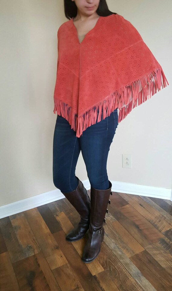 Vintage Fringed Suede Cape Poncho Western Cape Wo… - image 3