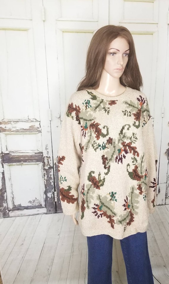Cream Floral Sweater Pullover Wool Blend Sweater … - image 1