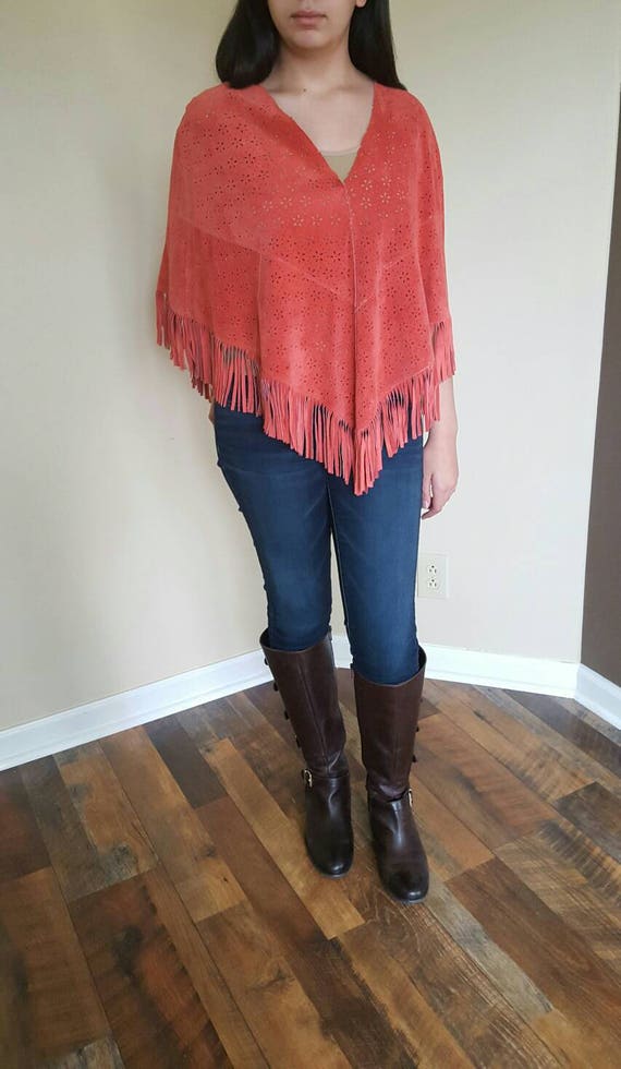 Vintage Fringed Suede Cape Poncho Western Cape Wo… - image 1