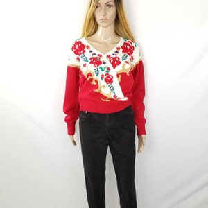 Vintage Roter Cropped Pullover V-Ausschnitt Pullover, Stickerei Rosen Größe Large L