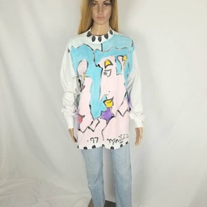 90&#39;s Abstract Art Long Sleeves T- Shirt Painted Shirt // Women Size Medium M