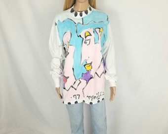 90's Abstract Art Long Sleeves T- Shirt Painted Shirt // Women Size Medium M