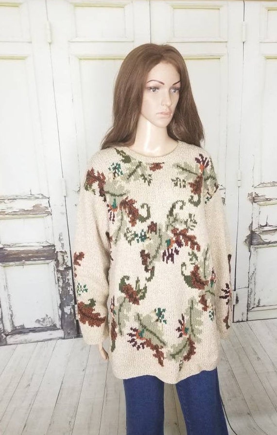 Cream Floral Sweater Pullover Wool Blend Sweater … - image 6