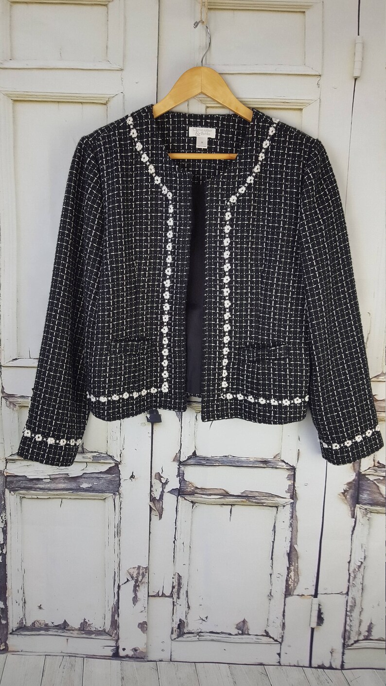 Vintage Christopher & Banks Tweed Black and White Cropped Jacket Blazer Women's size Medium M image 4
