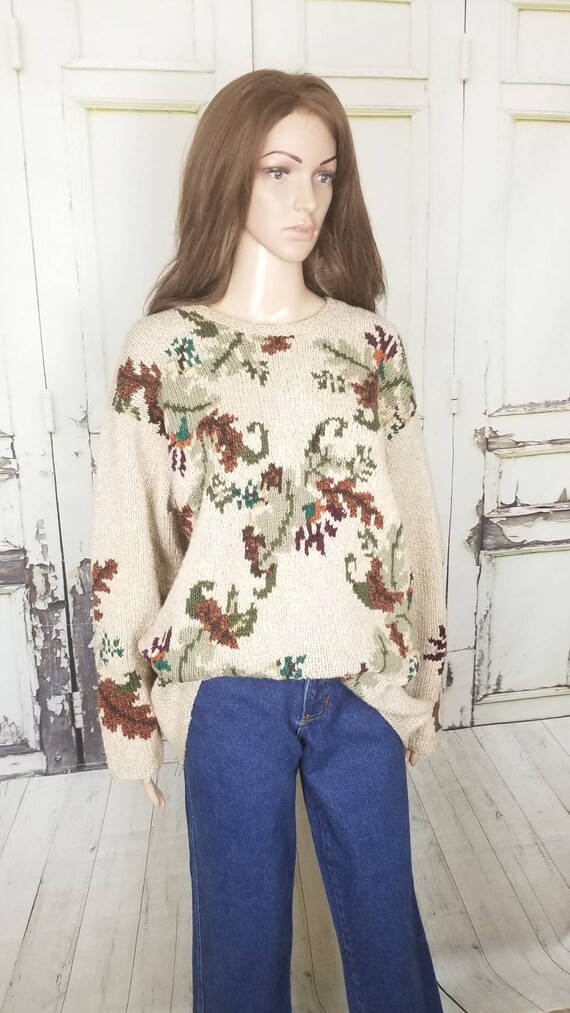 Cream Floral Sweater Pullover Wool Blend Sweater … - image 2