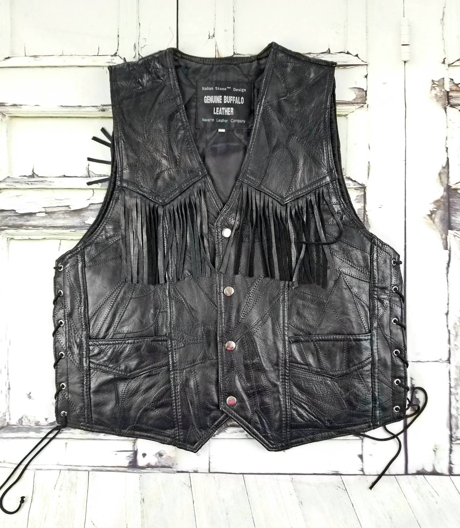 Vintage Black Leather Vest Unisex Motto Fringed Leather Vest | Etsy