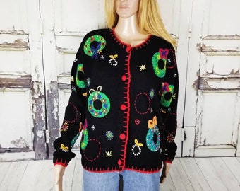 Vintage Christmas Oversized Cardigan Sweater Christmas Cardigans Black Tacky Christmas Sweater Christmas Cardigan  size Medium M