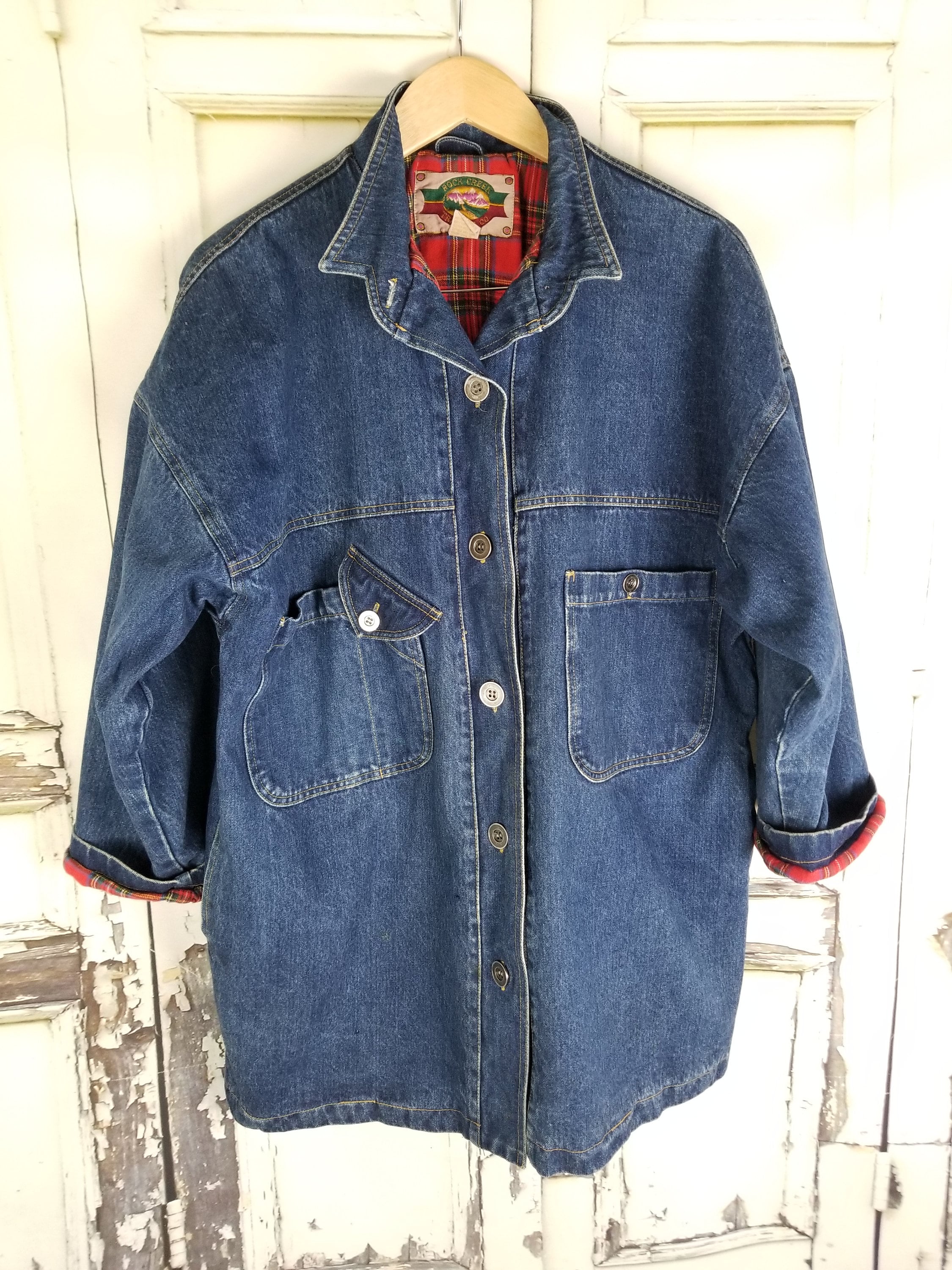Vintage Oversized Denim Barn Coat: 80s Plaid Lined Jean