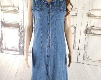 Vintage 90er Jahre Jeans Kleid Button up Kleid Ärmel Pullover Damen Größe Small