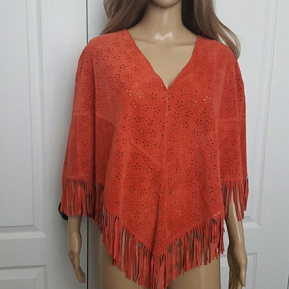 Vintage Fringed Suede Cape Poncho Western Cape Wo… - image 4