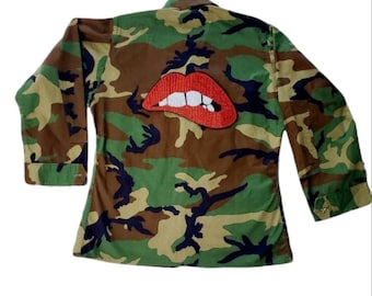Camo Clothing Camo Jacket With Red Lips 80s Camo Jacket Bite Lip