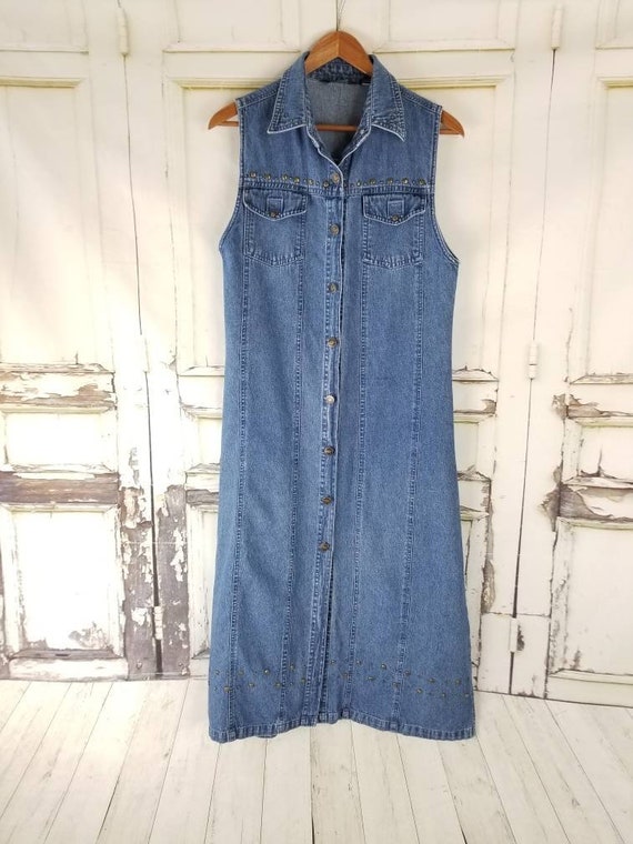 Vintage 90's Denim Dress Button up Dress Sleeves Jumpe Women's Size Small