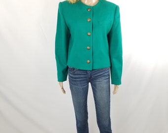 Vintage Wool Jacket, Green Pure Wool Cropped Jacket  Size 10 12 L Large