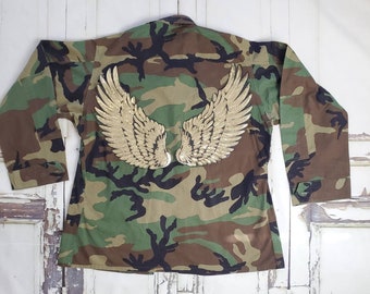 80s Camo Jacket Authentic Military Issued Field Jacket All sizes, Unisex Camo Jackets  Embellish Sequins Angel Wings Gold or Silver