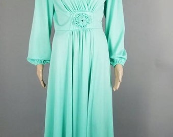 Long Mod Green Maxi dress Grecian Gown Empire waist dressy Party Vintage Dress//Women size Medium Large