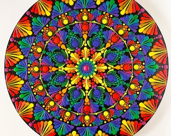 14” Hand-painted rainbow wooden dot art mandala wall hanging